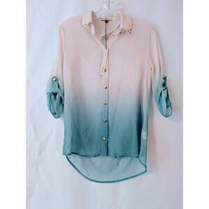 MNK, beige and aqua shear Ombre blouse, Open-Back Small NWT officesiren Y2K